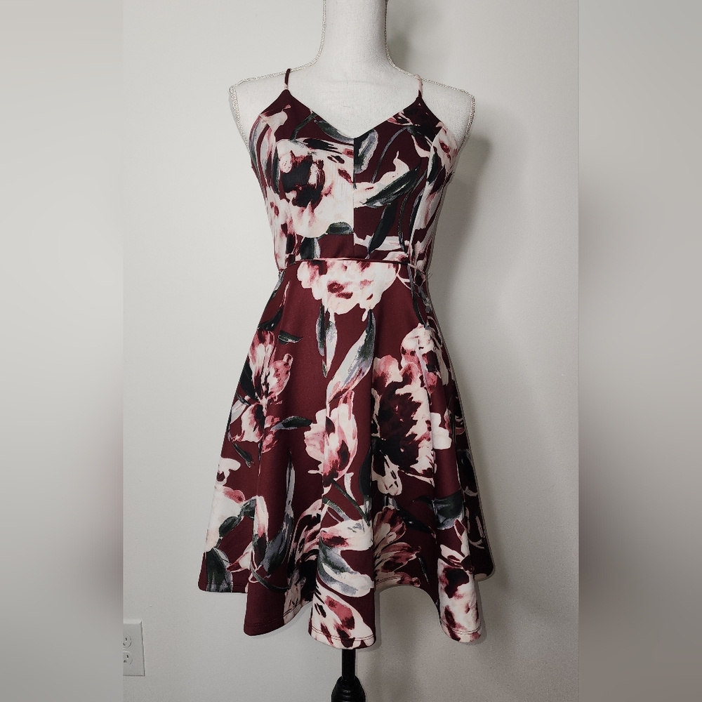 Jodi Kristopher maroon‎ abstract floral lace fit and flare dress sz 3
